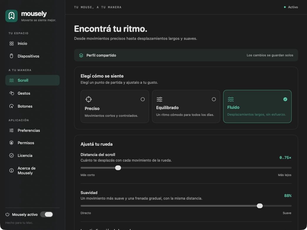 Captura real de Mousely: pantalla de Scroll con perfiles, distancia y suavidad.
